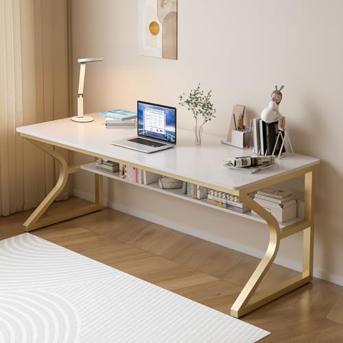 OSCHF 63-Inch Extra Long Desk with Storage Shelf, Gold | Double Long Writing Table, Space-saving, 2-Person Workstation, Modern Study Work Computer Desk, Suitable for Home Office - color: Gold + White, size: 63x23.6 inch