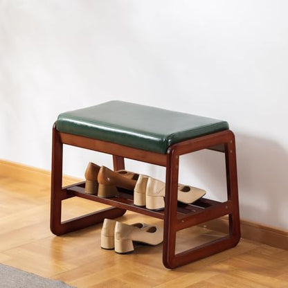 SOBIBO Solid Wood Shoe Bench, 2-Tier Wooden Entryway Bench, Modern Shoe Rack with Faux Leather Cushion for Hallway, Living Room (Green, 21.65'') - color: Green, size: 21.65 inches