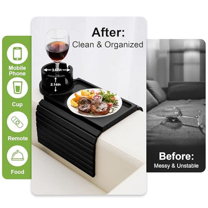 Couch Cup Holder Tray - 3 in 1 Sofa Arm Tray with 360° Rotating Cup Holder & Phone Stand,Fits Various Couches Arm Widths - Anti-Slip Foldable Couch Arm Tray for Snacks, Cellphone Remote - color: Black