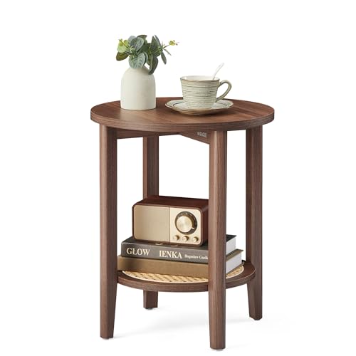 VASAGLE Round Side End Table, 2-Tier Boho Bedside Table with Rattan-Look Storage Shelf, Nightstand for Small Spaces, for Living Room, Bedroom, Home Office, Black Walnut ULET296K01 - color: Black Walnut, size: 1 Pack, Boho