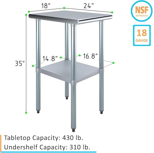 NSF-Certified Heavy-Duty Stainless Steel Prep Table – 24″ x 18″ Commercial Work Table with Undershelf for Restaurants, Kitchens, Food Trucks - size: 18x24