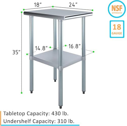 NSF-Certified Heavy-Duty Stainless Steel Prep Table – 24″ x 18″ Commercial Work Table with Undershelf for Restaurants, Kitchens, Food Trucks - size: 18x24