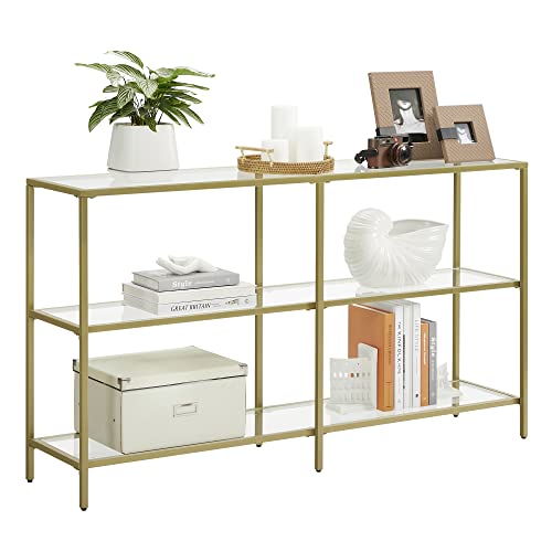 VASAGLE 51.2 Inch Console Table with 3 Shelves, Sofa Tables, Modern Entryway Table, Metal Frame, Tempered Glass Shelf, Entryway Living Room Bedroom, Metallic Gold and Transparent ULGT024A01 - color: Metallic Gold + Transparent, size: 51.2"W