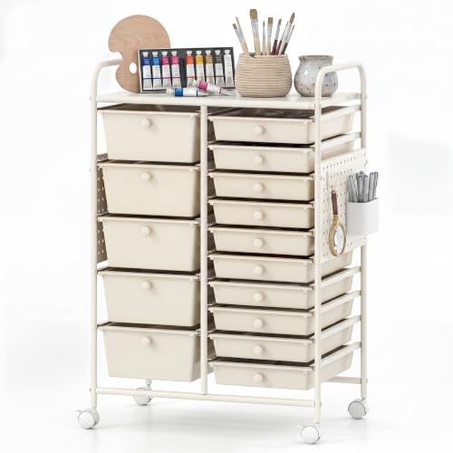 DREAMADE 15 Drawer Rolling Storage Cart, Mobile Craft Storage Organizer with Metal Pegboard Panels, Tabletop & Lockable Wheels, Utility Cart for Classroom, Office, Studio, Playroom (White) - color: White, size: With Pegboard - 25" x 14.5" x 34.5"