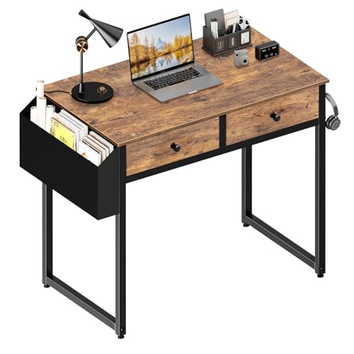 Lufeiya Small Computer Desk with 2 Drawers for Bedroom, 31 Inch Home Office Desk with Storage Fabric Drawer and Bag, Study Writing Table for Small Spaces, Rustic Brown - color: Rustic Brown, size: 31.5"
