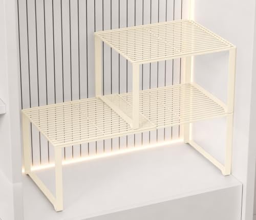 Extendable Metal Wire Shelf Organizer - Adjustable 15-24.4in Length, Stackable Storage Rack for Kitchen/Pantry/Bathroom/Shoe Cabinet/Tool Closet (2, Cream) - color: Cream, size: 2 Pack