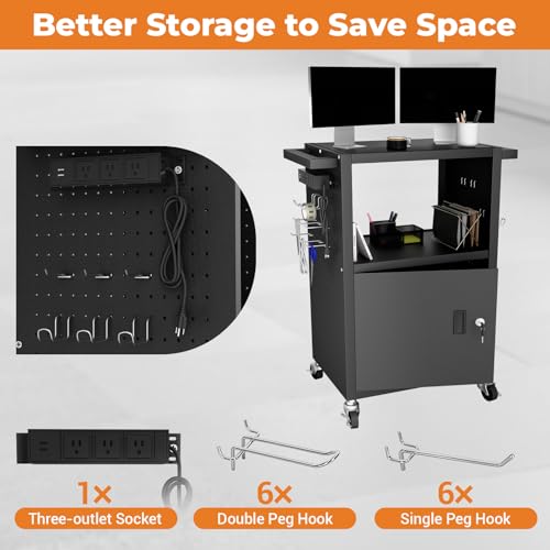 Mobile AV Cart with Push Handles, Heavy Duty Rolling Media Cart with Customized Pegboard & Hooks, Multipurpose Utility Cart with Extra Storage Space, 4 Outlets - size: Style 3 31.5Dx18Wx40H