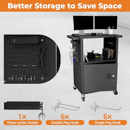 Mobile AV Cart with Push Handles, Heavy Duty Rolling Media Cart with Customized Pegboard & Hooks, Multipurpose Utility Cart with Extra Storage Space, 4 Outlets - size: Style 3 31.5Dx18Wx40H