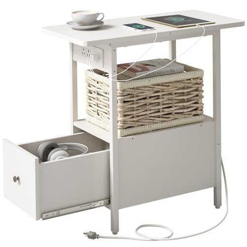 LIDYUK End Table with Charging Station, Narrow Side Table with Drawer | Equipped with USB Ports & Power Outlets, Nightstand Bedside Tables for Small Spaces, Bedroom, Living Room, White - color: White, size: Pack of 1