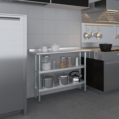 AmGood Stainless Steel Work Table with 1.5" Backsplash and 2 Shelves | Metal Kitchen Food Prep Table | NSF (48" Long x 14" Deep) - size: 48" Long x 14" Deep