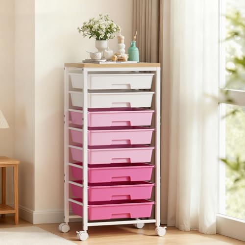 Rolling Cart with 8 Drawers, Plastic Drawer Storage Carts with Wheels & Wooden Tabletop, Metal Utility Cart Organizer for Bedroom Living Room Office Classroom Craft Organization and Storage, Pink - color: Bright Pink