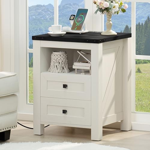 Joaxswe Nightstand with Charging Station and USB Port, Farmhouse Side End Table with 2 Drawers and Open Shelf, Wood Rustic Sofa Table, Bedside Cabinet for Bedroom, Living Room, Closet, Office (White) - color: White, size: 1 pack