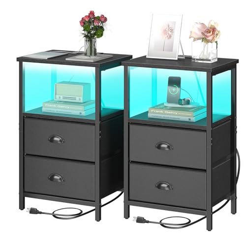sthmec Nightstand with Charging Station, LED Night Stand Set 2, Bedside Table End Table Set of 2, Bedroom Table with 2 Fabric Drawers PU Finish, 3-Tier Storage Side Table for Bedroom,Black - color: Black