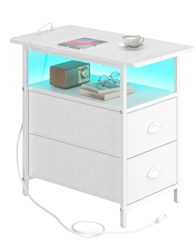 sthmec End Table with Charging Station, Narrow Side Table with 2 Drawers, LED Nightstands with Drawers, USB Ports & Power Oulets,Slim Sofa Side Tables for Small Spaces,Living Room,Bedroom,White - color: White, size: 11.75'' W x 21'' D x 24.3'' H, style: P