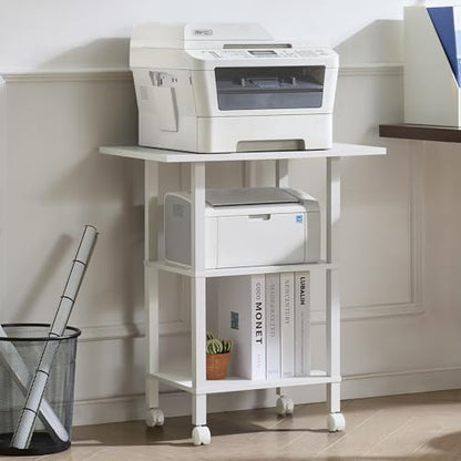 YUFAM 3 Tier Home Printer Stand with Storage, White | Wooden Mobile Printer Table Shelf, Rolling Printer Cart Shelf with Lockable Wheels fit Fax Machine, Scanner - color: White, size: 15.75"D×23.65"W×25.7"H