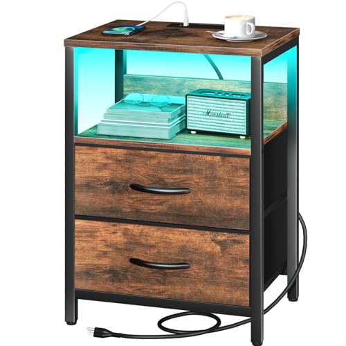 Yoobure Nightstand with Charging Station, LED Night Stand with Fabric Drawers and Storage Shelf for Bedroom, Nightstands Bedside Tables with USB Ports & Outlets, Small Night Stands, Bed Side Table - color: Vintage Brown
