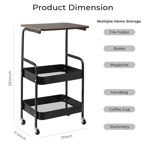 3-Tier Rolling Storage Cart with Wooden Top, Mobile Organizer on Wheels | Keeps books, folders and daily essentials neatly organized while adding convenient workspace in any room.