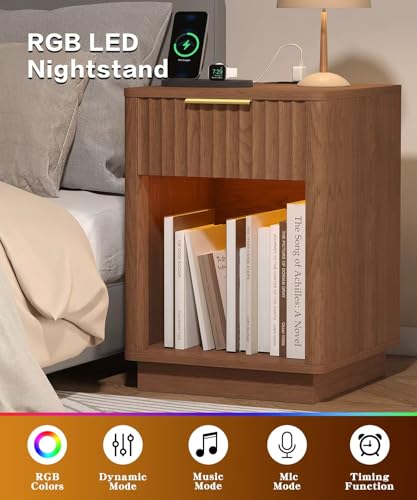 Akxomel Fluted Nightstand, Wooden Night Stand with Charging Station and LED Light, Modern Mid Century End Table with Drawer, 15" D x 15.7" W x 22.6" H, for Bedroom, Walnut - color: Walnut