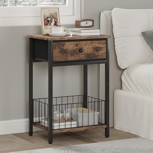 End Tables Bedroom, Night Stand with Drawers, Industrial nightstand, Nightstand with Fabric Bins, Bedside Table End Table for Bedroom, Closet, Entryway, College Dorm, Rustic Brown LNT0061BR - color: Rustic Brown & Black