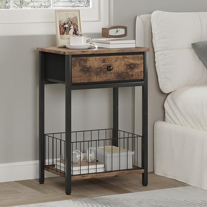 End Tables Bedroom, Night Stand with Drawers, Industrial nightstand, Nightstand with Fabric Bins, Bedside Table End Table for Bedroom, Closet, Entryway, College Dorm, Rustic Brown LNT0061BR - color: Rustic Brown & Black