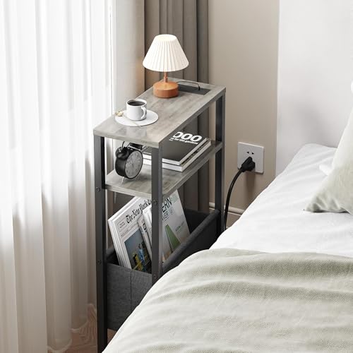 Narrow Side Table with Charging Station Slim End Table Sofa with Magazine Rack, Bedside Table for Small Spaces, 3 Tier Nightstand for Living Room Couch, Bedroom Oak Grey LET503QE - color: Oak Grey, style: With Charging Station