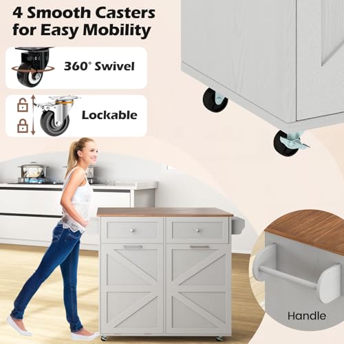 Giantex Kitchen Island Cart with Hidden Tilt Out Trash Can Cabinet, Drop Leaf, 2 Drawers, Towel Rack, Rolling Mobile Breakfast Bar Table, Wood Kitchen Storage Cart on Wheels (Grey & Natural) - color: Grey