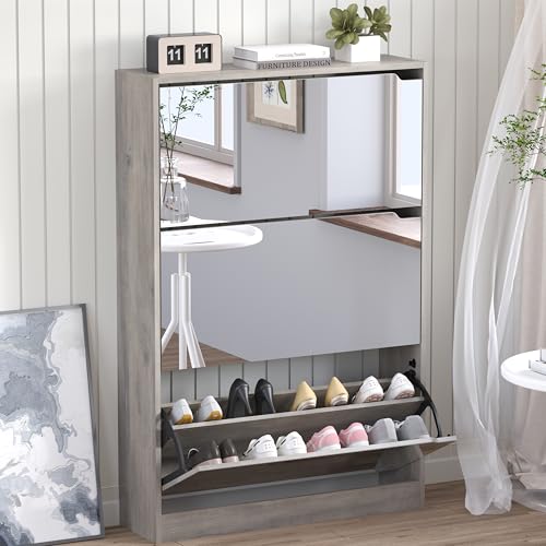 BORNOON Shoe Cabinet with 3-Flip Mirror Drawers, Freestanding Shoe Rack Organizer with Hidden Handle, Slim Narrow Shoe Storage Cabinet for Entryway, Entrance, Hallway, Bedroom - color: Grey, size: 3 Drawers-Mirror