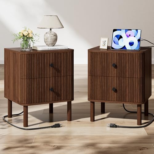 Fluted Nightstand Set of 2 with Charging & Rounded Drawer Fronts | 18in Wide, Bedroom, Natural Oak, FSC-Certified MDF, Solid Wood Legs, 2 Drawer, Metal Knobs, Bedside Table, End Table, Modern - color: Walnut - Rounded Drawer, size: 18"W