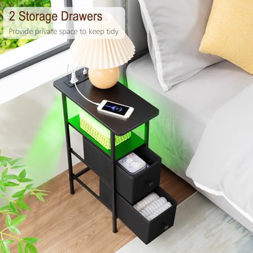 LOAKEKEL Narrow Nightstand with Charging Station, End Tables Living Room Set of 2, Skinny Side Table with Fabric Drawers, Small Sofa Table with LED Light for Bedroom, Black, HETNDP02LBK - color: Black, style: Power + Light