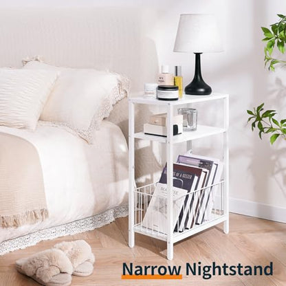 Yoobure Narrow Side Table with Storage Basket, Small End Table for Small Spaces, Skinny Side Tables Living Room Bedroom Office, Slim Nightstand 3 Tier Bedside Table Space-Saving for Magazine, White - color: White