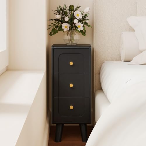 Narrow Nightstands with 3 Drawers, Wooden Farmhouse Bedside Tables, Slim End Tables with Storage, Small Night Stand for Bedroom, Living Room, Small Spaces - color: Black-3drawers-1pcs