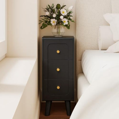 Narrow Nightstands with 3 Drawers, Wooden Farmhouse Bedside Tables, Slim End Tables with Storage, Small Night Stand for Bedroom, Living Room, Small Spaces - color: Black-3drawers-1pcs