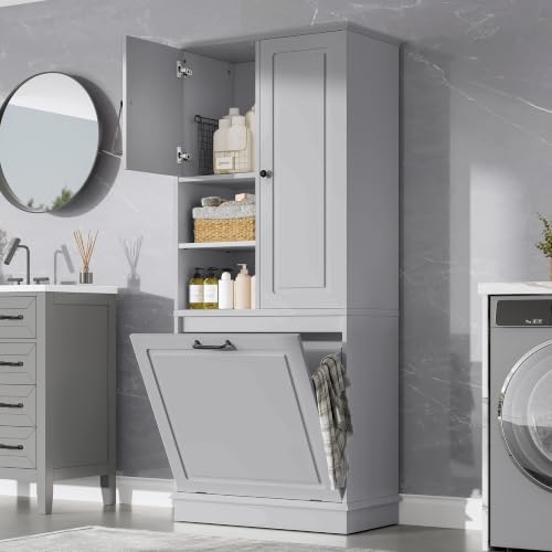 Tall Storage Cabinet, Bathroom Floor Freestanding Storage Cabinet with Doors, Adjustable Shelf, and Large Flip-Out Basket for Bathroom, Office, Living Room, Grey - color: Grey/Adjustable Shelf