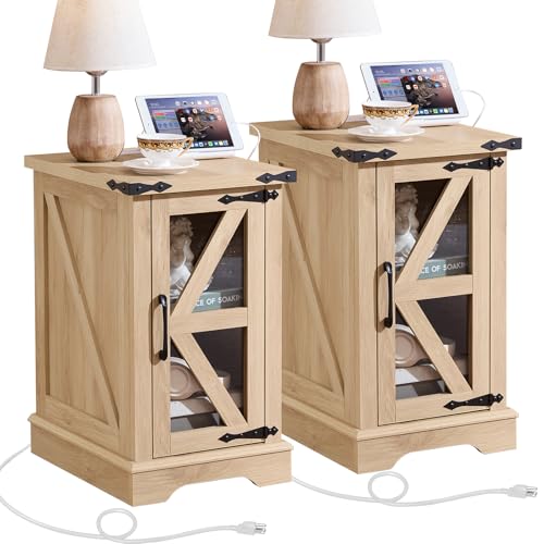 Joaxswe Narrow Night Stand Set 2 with Charger Station, Farmhouse Side End Table with Glass Barn Door Storage, Bedside Tables, Nightstand Cabinet Organizer for Small Spaces Living Room Bedroom - color: Natural Wood, size: with Charger