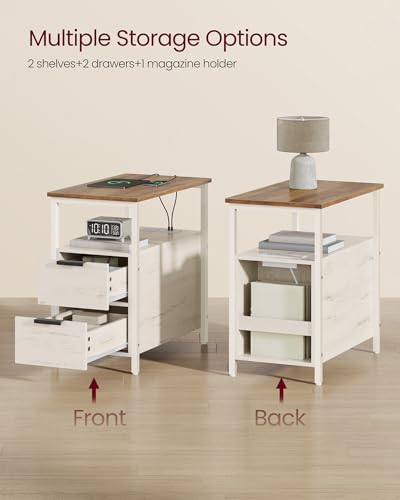 VASAGLE Side End Table with Charging Station, Slim Nightstand with 2 Drawers, Narrow Bedside Table for Living Room, Small Spaces, Honey Brown and Rustic White ULET321W01V1S - color: Honey Brown + Rustic White, size: 23.6"D x 11.8"W
