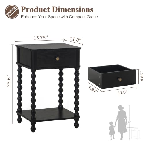 AWASEN Black Nightstand, Bedroom Side Table with Drawer for Living Room, Small Bedside End Table with Spindle Wood Legs for Bedroom, Office, Black - color: Black