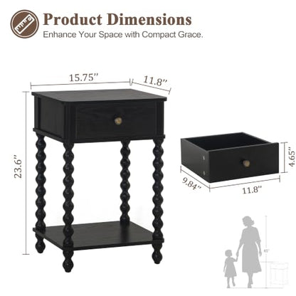 AWASEN Black Nightstand, Bedroom Side Table with Drawer for Living Room, Small Bedside End Table with Spindle Wood Legs for Bedroom, Office, Black - color: Black
