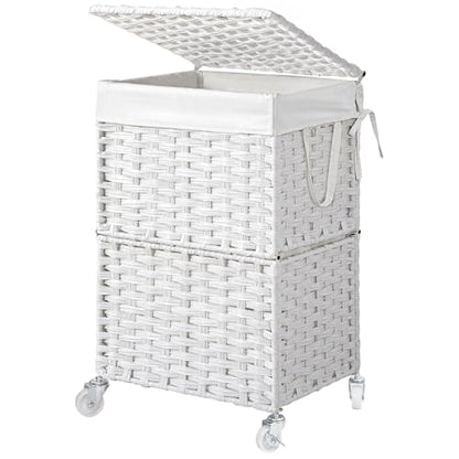 Chrislley 90L Slim Laundry Hamper with Wheels, Rolling Laundry Basket with Lid and Renovable Liner Bag, Handwoven Rattan Organizer for bedroom, bathroom, laundry room (White) - color: White