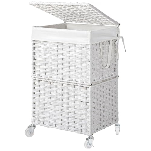 Chrislley 90L Slim Laundry Hamper with Wheels, Rolling Laundry Basket with Lid and Renovable Liner Bag, Handwoven Rattan Organizer for bedroom, bathroom, laundry room (White) - color: White