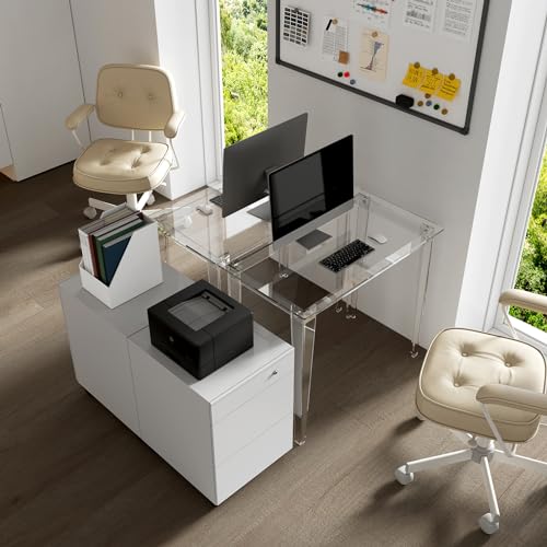 HMYHUM Small Acrylic Computer Desk, 35.4 Inch, Clear Study Desk for Home Office, Writing, Vanity, Modern, Easy Assembly, 19.7"" W x 29.5"" H, Right-Angle Legs Design, 01011