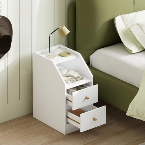 KOMFOTT Set of 2 Side Tables with Charging Station, End Tables with Storage Drawers, Sofa Couch Tables for Small Space, Modern Nightstands for Bedroom (White,2) - color: White