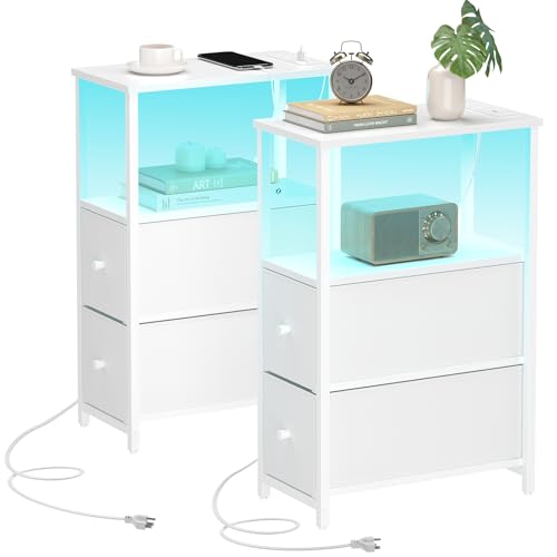 TUTOTAK Small Narrow LED End Table with Charging Station, Side Table Outlets, Nightstand with 2 Cloth Drawers, Set of 2, Couch Table, for Living Room, Bedroom, Bedside, White TB01BW056 - color: White, style: 2 Drawers with Plug & Light