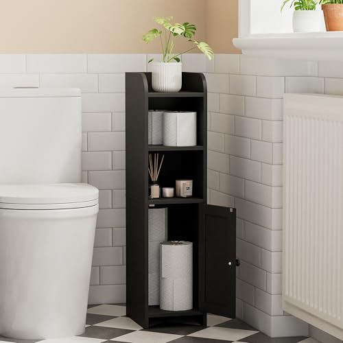 Homhedy Small Bathroom Storage Corner Floor Cabinet with Door and Shelves, Beside The Toilet Paper Stand for Skinny, Narrow Toilet Paper Cabinet, 9.8" D x 7.9" W x 31" H, Black - color: Black, size: 9.8"D x 7.9"W x 31"H