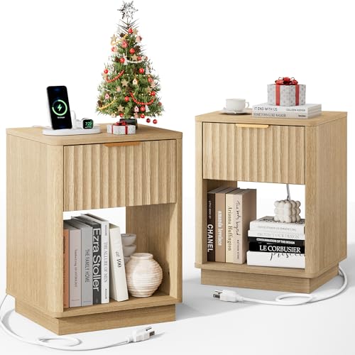 Fluted Nightstand, Night Stand Set 2, Nightstands Set of 2 with Charging Station, Wooden End Table with Drawer & Open Shelf, Modern Bedside Table for Bedroom, Curved Corners, Natural Oak - color: Natural Oak, size: 1 Drawer（18"W）