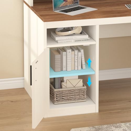 YOMILUVE 65 Inch Computer Desk with 3 Drawers & Storage Shelves, Executive Desk with File Drawer & Cabinet, Home Office Desk with Long Monitor Stand & Printer Shelf, Antique White - color: Antique White