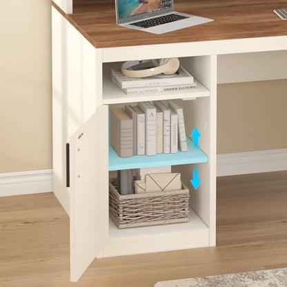 YOMILUVE 65 Inch Computer Desk with 3 Drawers & Storage Shelves, Executive Desk with File Drawer & Cabinet, Home Office Desk with Long Monitor Stand & Printer Shelf, Antique White - color: Antique White