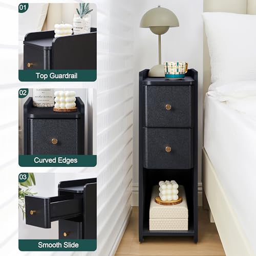 Narrow End Table Bedroom, Wooden Small 2 Drawer Nightstand, Thin Couch Side End Table, Skinny Bedside Table Small Spaces, Mid Century Modern Night Stand with Drawers (Black-1 pc) - color: Black-1 Pc