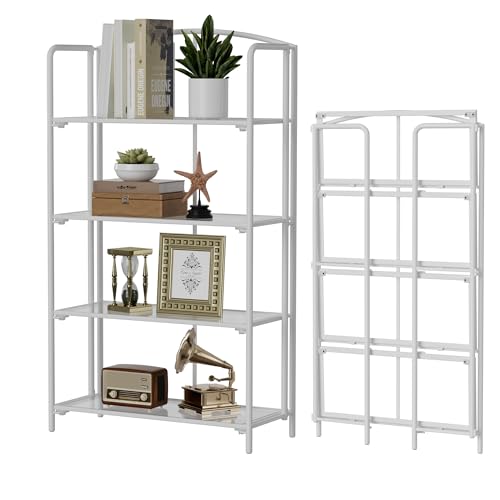 Crofy 4-Tier Wider Foldable Bookshelf, White Frame & Transparent Shelves | No-Assembly Collapsible Portable Storage Organizer; Sturdy Transparent Shelves; Ideal for Living Room & Home Office - color: White Frame & Transparent Shelf, size: 4 Tier Wider