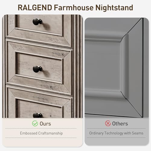 RALGEND Farmhouse End Table with 3 Drawers, Wooden Slim Nightstand, Narrow Sofa Side Table with Storage for Living Room, Bedroom, Study, Greige