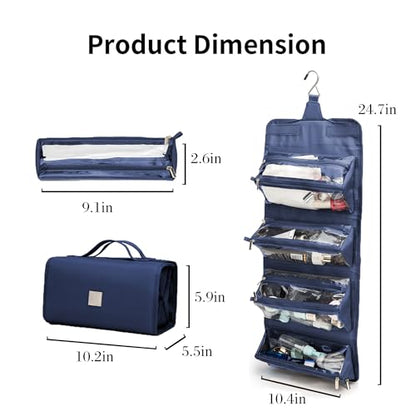 Roll Up Makeup Bag, Travel Toiletry Bag for Women with 4 Clear TSA Approved Pouches, Hanging Travel Organizer, Folding Cosmetic Bag for Men and Women - color: Navy
